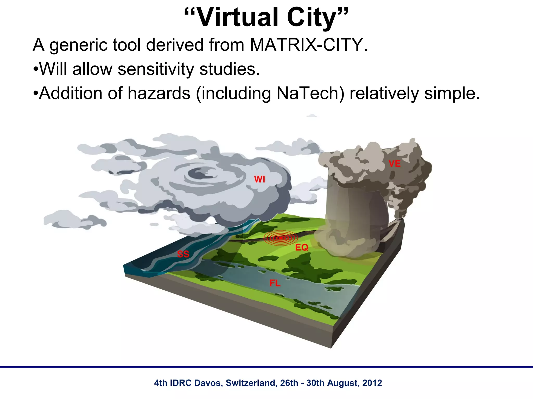 “Virtual City”
A generic tool derived from MATRIX-CITY.
•Will allow sensitivity studies.
•Addition of hazards (including NaTech) relatively simple.




 100 × 100 km
 Volcano (NE corner), fault system (N sector),
 river basin (S sector), coast (W boundary)
 Virtual City can be located anywhere in the
 Virtual Region



                     4th IDRC Davos, Switzerland, 26th - 30th August, 2012
 