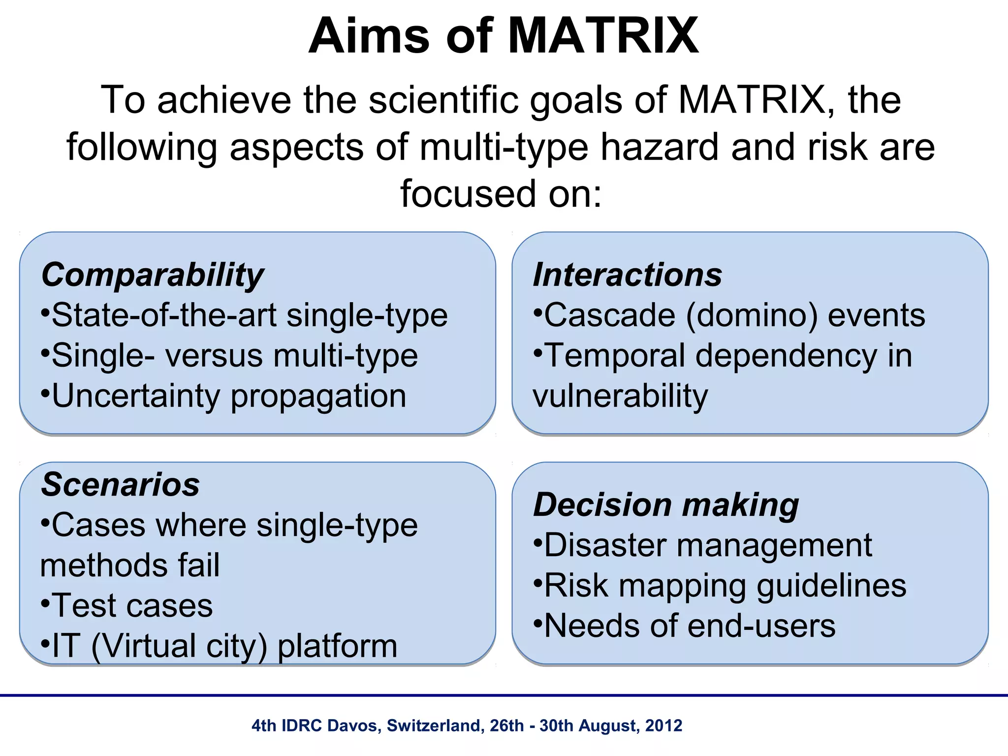 Aims of MATRIX
   To achieve the scientific goals of MATRIX, the
 following aspects of multi-type hazard and risk are
                    focused on:

Comparability                                    Interactions
•State-of-the-art single-type                    •Cascade (domino) events
•Single- versus multi-type                       •Temporal dependency in
•Uncertainty propagation                         vulnerability

Scenarios
                                                 Decision making
•Cases where single-type
                                                 •Disaster management
methods fail
                                                 •Risk mapping guidelines
•Test cases
                                                 •Needs of end-users
•IT (Virtual city) platform

               4th IDRC Davos, Switzerland, 26th - 30th August, 2012
 