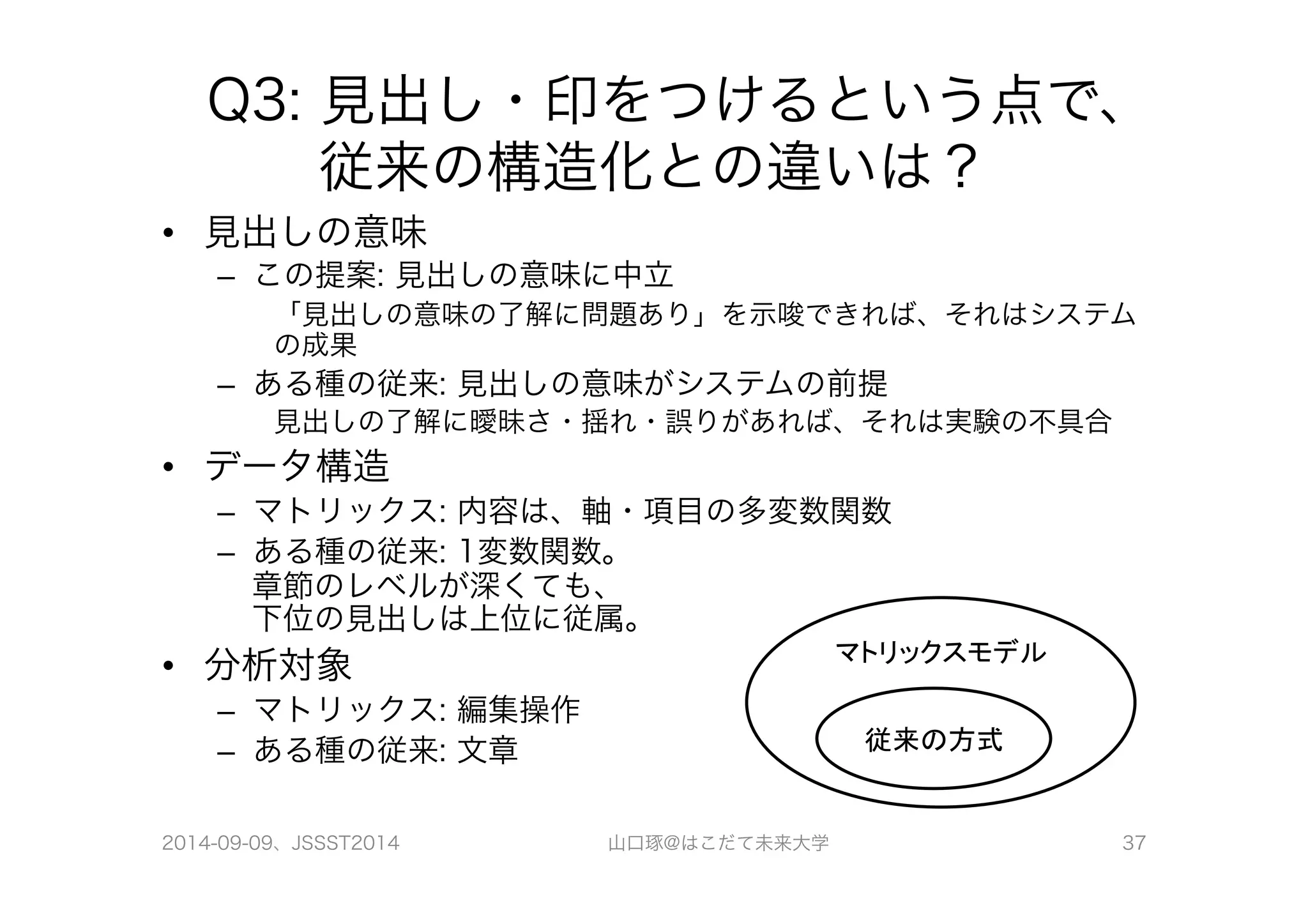 Q3: 見出し・印をつけるという点で、 
従来の構造化との違いは？ 
• 見出しの意味 
– この提案: 見出しの意味に中立 
「見出しの意味の了解に問題あり」を示唆できれば、それはシステム 
の成果 
– ある種の従来: 見出しの意味がシステムの前提 
見出しの了解に曖昧さ・揺れ・誤りがあれば、それは実験の不具合 
• データ構造 
– マトリックス: 内容は、軸・項目の多変数関数 
– ある種の従来: 1変数関数。 
章節のレベルが深くても、 
下位の見出しは上位に従属。 
• 分析対象 
– マトリックス: 編集操作 
– ある種の従来: 文章 
マトリックスモデル 
従来の方式 
2014-09-09、JSSST2014 山口琢@はこだて未来大学 37 
 