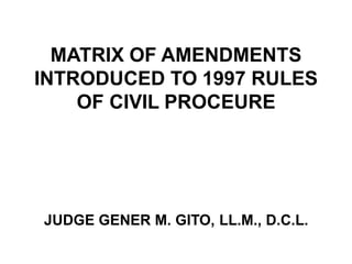 MATRIX OF AMENDMENTS
INTRODUCED TO 1997 RULES
OF CIVIL PROCEURE
JUDGE GENER M. GITO, LL.M., D.C.L.
 