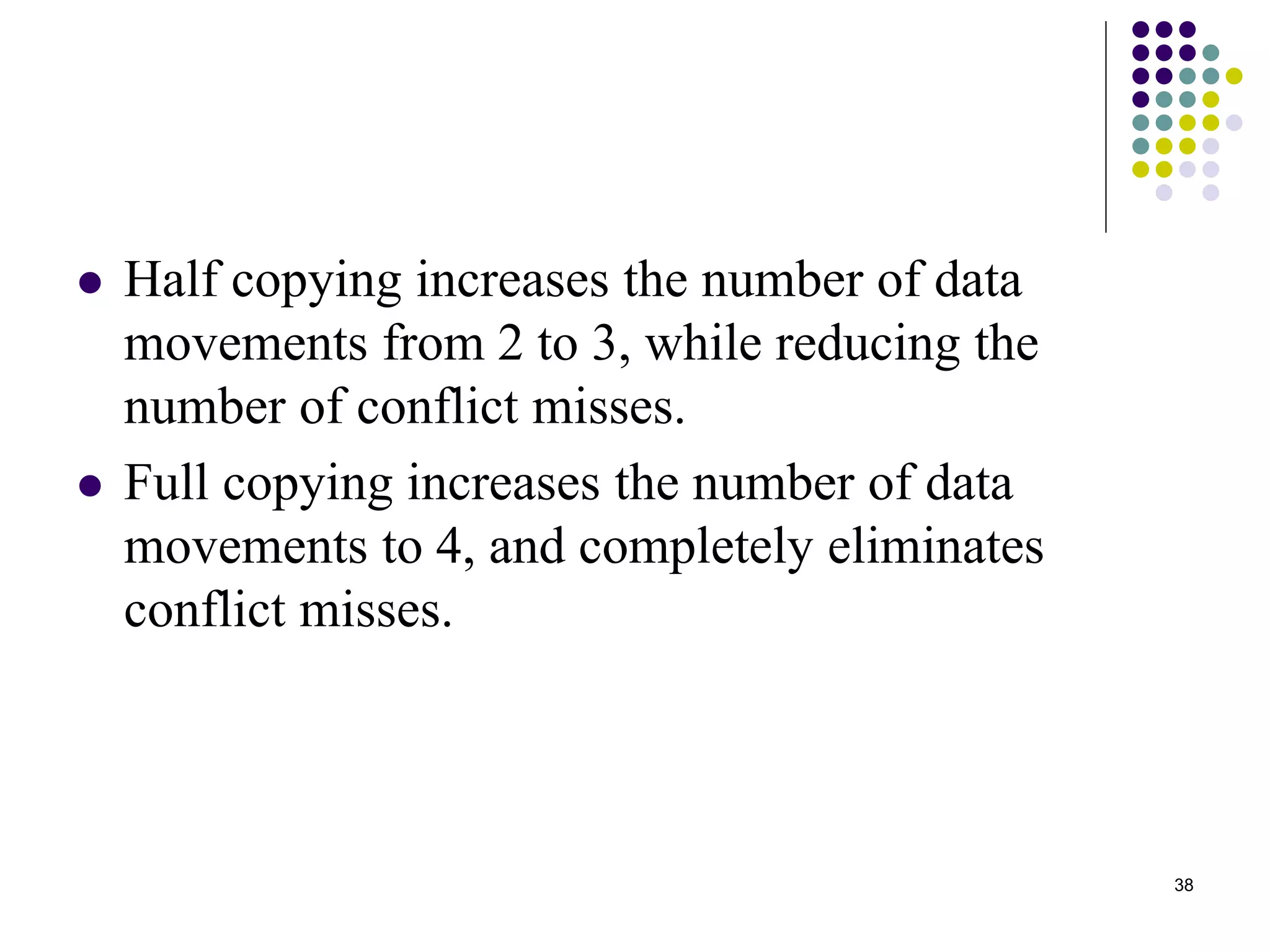 38
 Half copying increases the number of data
movements from 2 to 3, while reducing the
number of conflict misses.
 Full copying increases the number of data
movements to 4, and completely eliminates
conflict misses.
 