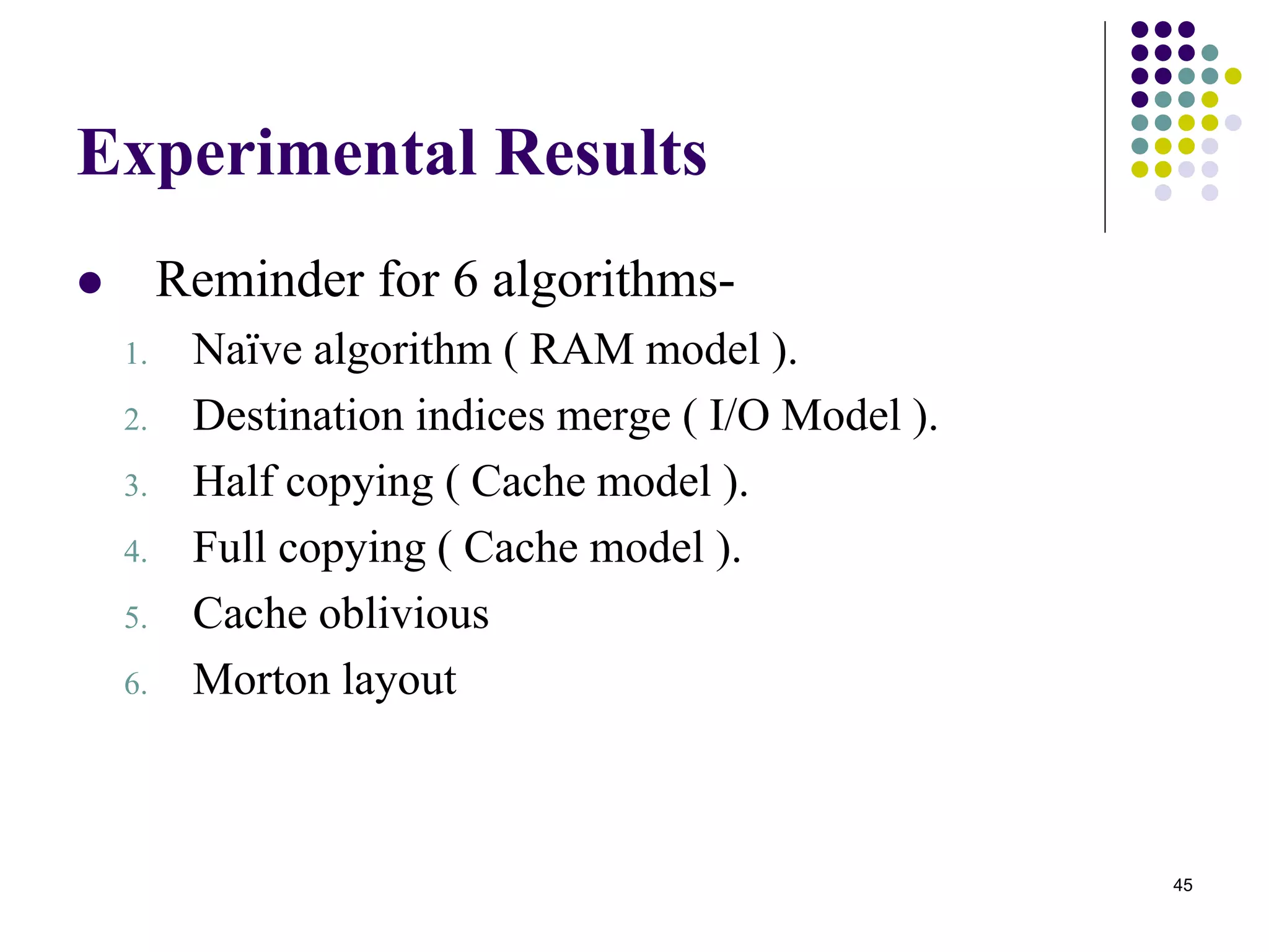 45
Experimental Results
 Reminder for 6 algorithms-
1. Naïve algorithm ( RAM model ).
2. Destination indices merge ( I/O Model ).
3. Half copying ( Cache model ).
4. Full copying ( Cache model ).
5. Cache oblivious
6. Morton layout
 