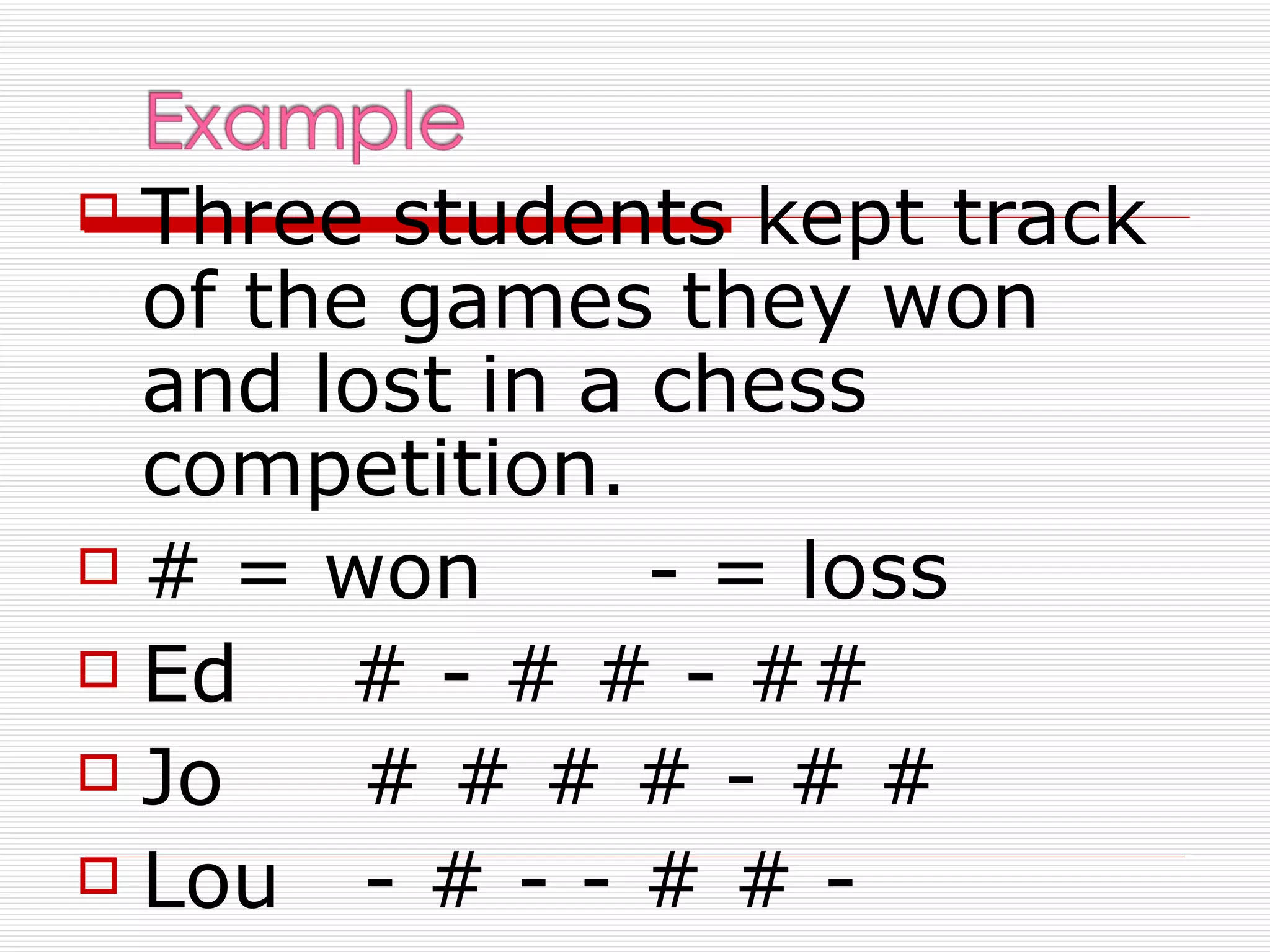  Three students kept track
  of the games they won
  and lost in a chess
  competition.
 # = won       - = loss
 Ed    # - # # - ##
 Jo    ####-##
 Lou   -#--##-
 