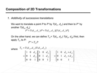 Composition of 2D Transformations
1. Additivity of successive translations
We want to translate a point P to P’ by T(dx1, dy1) and then to P’’ by
another T(dx2, dy2)
P ' ' = T (d x 2 , d y 2 ) P ' = T (d x 2 , d y 2 )[T (d x1 , d y1 ) P ]
On the other hand, we can define T21= T(dx1, dy1) T(dx2, dy2) first, then
apply T21 to P:

P ' ' = T21 P

where

T21 = T ( d x 2 , d y 2 )T (d x1 , d y1 )
1 0 d x 2  1 0 d x1 
=  0 1 d y 2   0 1 d y1 



0 0 1  0 0 1 




1 0 d x1 + d x 2 
=  0 1 d y1 + d y 2 


0 0

1



 