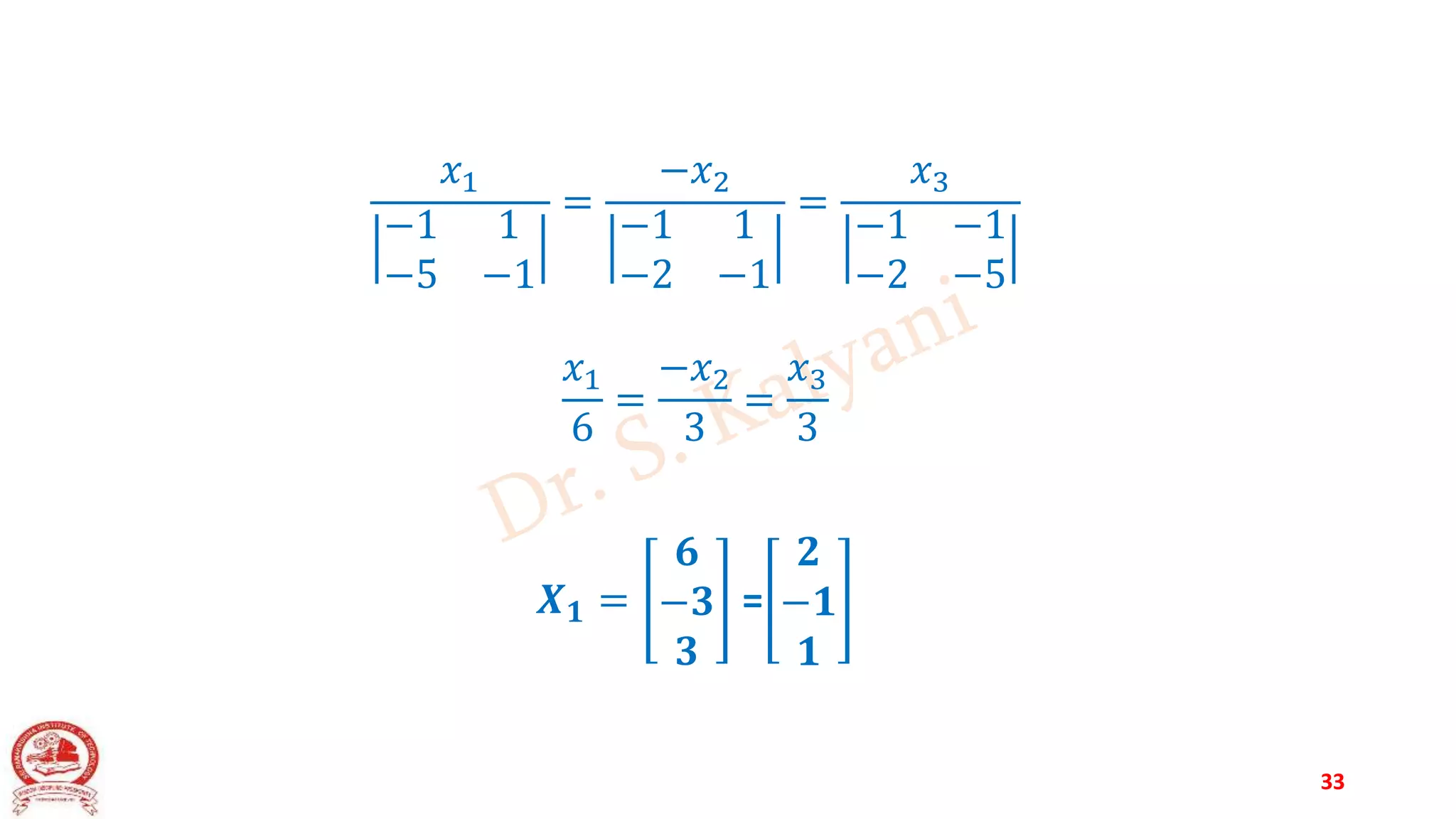 𝑥1
−1 1
−5 −1
=
−𝑥2
−1 1
−2 −1
=
𝑥3
−1 −1
−2 −5
𝑥1
6
=
−𝑥2
3
=
𝑥3
3
𝑿𝟏 =
𝟔
−𝟑
𝟑
=
𝟐
−𝟏
𝟏
33
 
