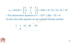 𝑠3 = det 𝐴 =
6 −2 2
−2 3 −1
2 −1 3
= 6 8 + 2 −4 + 2(−4) = 32
∴ The characteristic equation is 𝜆3
− 12𝜆2
+ 36𝜆 − 32 = 0
To solve this cubic equation we use synthetic division method
1 1 -12 36 -32
0
17
 