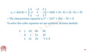𝑠3 = det 𝐴 =
6 −2 2
−2 3 −1
2 −1 3
= 6 8 + 2 −4 + 2(−4) = 32
∴ The characteristic equation is 𝜆3
− 12𝜆2
+ 36𝜆 − 32 = 0
To solve this cubic equation we use synthetic division method
1 1 -12 36 -32
0 1 -11 25
1 -11 25 -7 ≠ 0
24
 