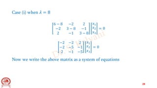Case (i) when 𝜆 = 8
6 − 8 −2 2
−2 3 − 8 −1
2 −1 3 − 8
𝑥1
𝑥2
𝑥3
= 0
−2 −2 2
−2 −5 −1
2 −1 −5
𝑥1
𝑥2
𝑥3
= 0
Now we write the above matrix as a system of equations
28
 