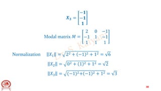 𝑿𝟑 =
−𝟏
−𝟏
𝟏
Modal matrix 𝑀 =
2 0 −1
−1 1 −1
1 1 1
Normalization 𝑋1 = 22 + −1 2 + 12 = 6
𝑋2 = 02 + 1 2 + 12 = 2
𝑋3 = (−1)2+ −1 2 + 12 = 3
38
 