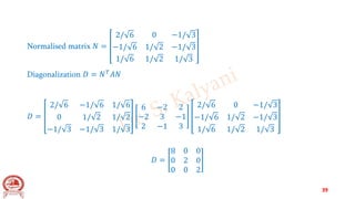 Normalised matrix 𝑁 =
2/ 6 0 −1/ 3
−1/ 6 1/ 2 −1/ 3
1/ 6 1/ 2 1/ 3
Diagonalization 𝐷 = 𝑁𝑇𝐴𝑁
𝐷 =
2/ 6 −1/ 6 1/ 6
0 1/ 2 1/ 2
−1/ 3 −1/ 3 1/ 3
6 −2 2
−2 3 −1
2 −1 3
2/ 6 0 −1/ 3
−1/ 6 1/ 2 −1/ 3
1/ 6 1/ 2 1/ 3
𝐷 =
8 0 0
0 2 0
0 0 2
39
 