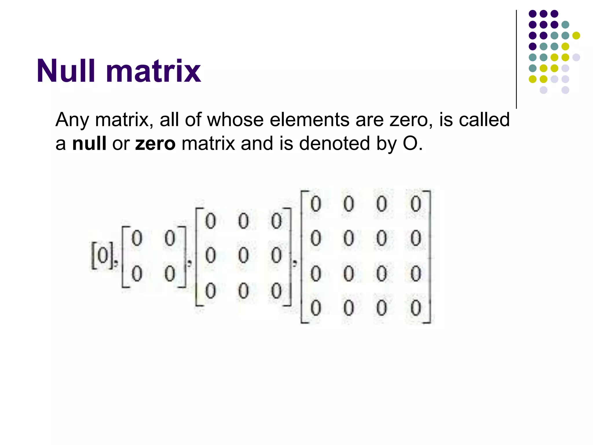Null matrix
 Any matrix, all of whose elements are zero, is called
 a null or zero matrix and is denoted by O.
 