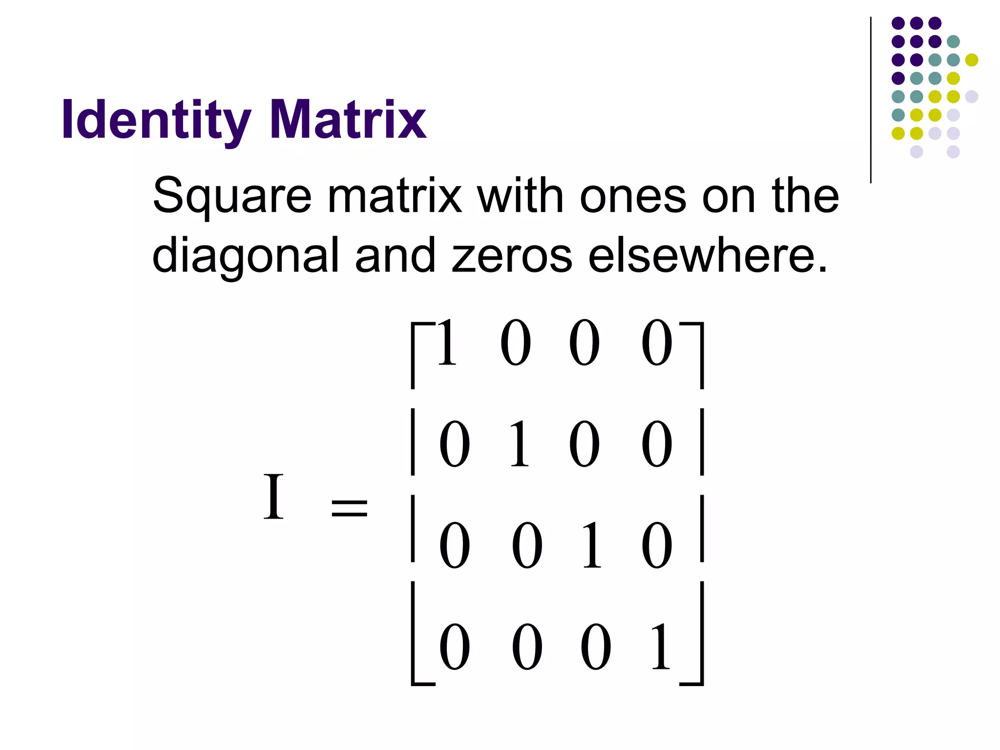 Identity Matrix
   Square matrix with ones on the
   diagonal and zeros elsewhere.
                  1   0   0   0
                  0   1   0   0
        I
                  0   0   1   0
                  0   0   0   1
 