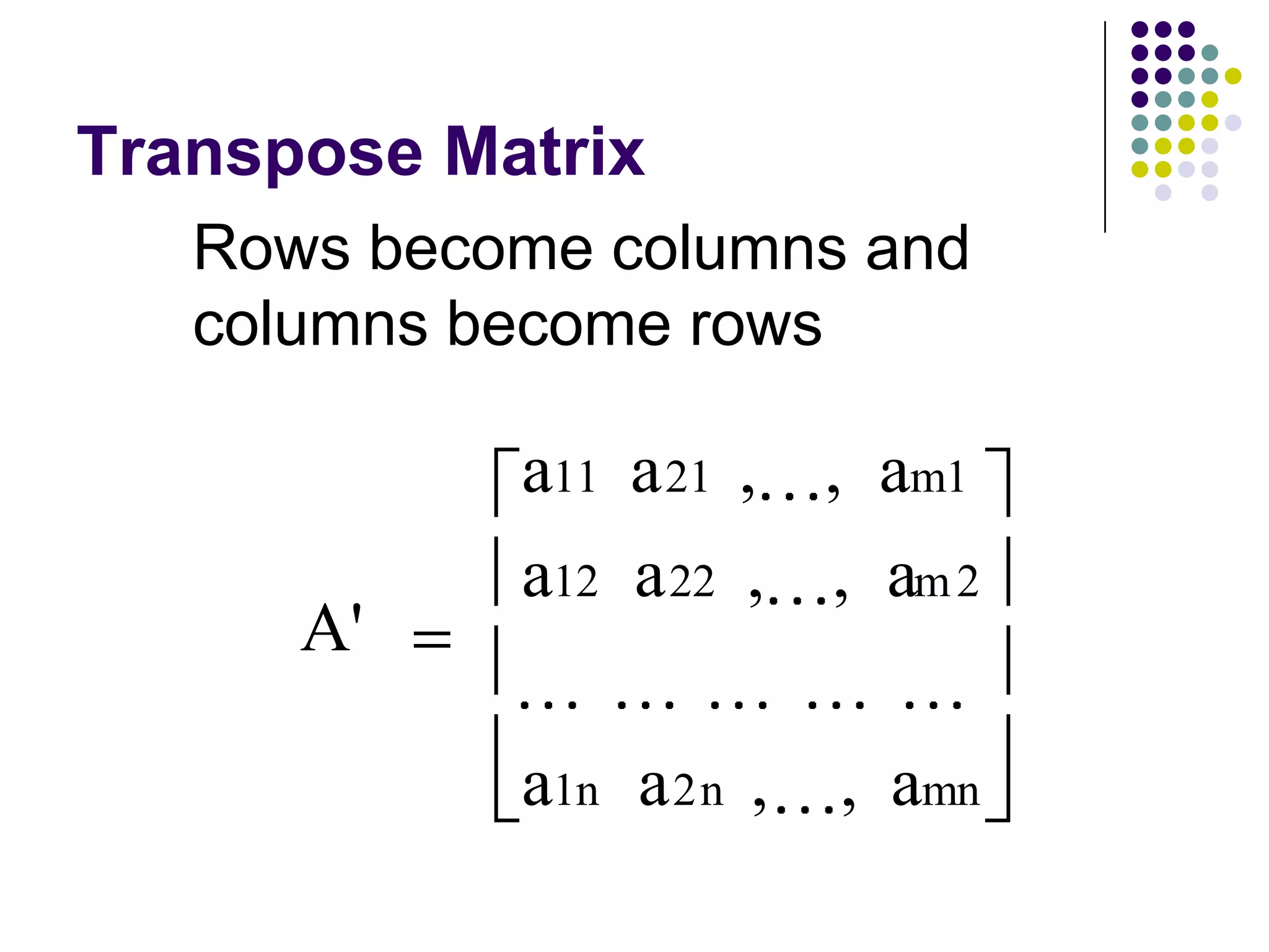 Transpose Matrix
   Rows become columns and
   columns become rows

            a11 a 21 , , am1
            a12 a 22 , , am 2
      A'

            a1n a 2n ,   , amn
 
