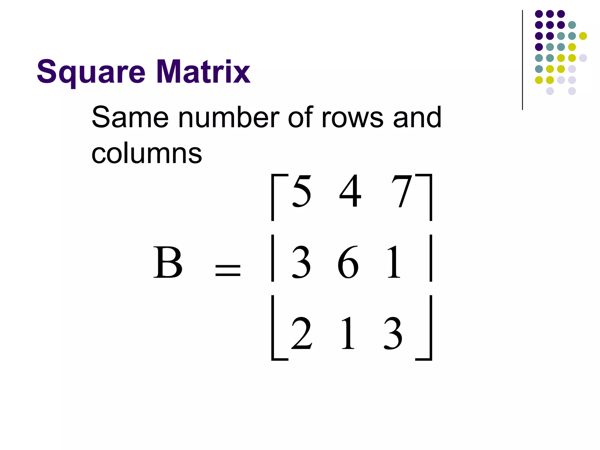 Square Matrix
   Same number of rows and
   columns
                5 4 7
       B        3 6 1
                2 1 3
 