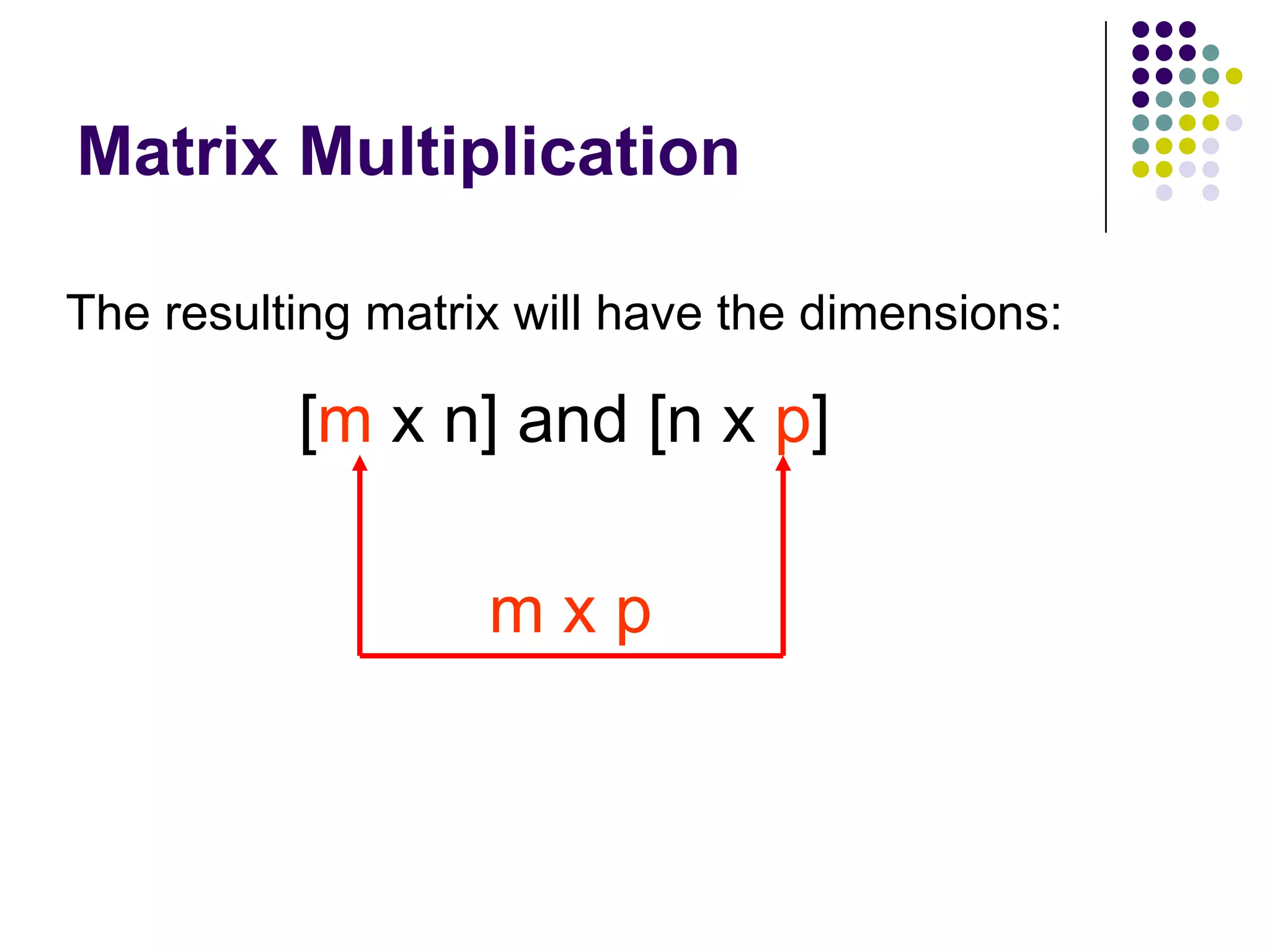 Matrix Multiplication

The resulting matrix will have the dimensions:

          [m x n] and [n x p]

                   mxp
 