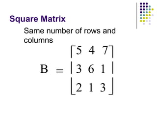 Square Matrix
   Same number of rows and
   columns
                5 4 7
       B        3 6 1
                2 1 3
 