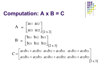 Computation: A x B = C
                a11 a12
       A
                a 21 a 22   [2 x 2]
               b11 b12 b13
       B
               b 21 b 22 b 23
                                [2 x 3]
           a11b11 a12b21 a11b12 a12b22 a11b13 a12b23
   C
           a 21b11 a 22b21 a 21b12 a 22b22 a 21b13 a 22b23
                                                         [2 x 3]
 