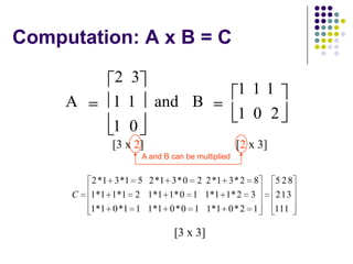 Computation: A x B = C
              2 3
                                                111
     A       11        and B
                                                1 0 2
             1 0
             [3 x 2]                            [2 x 3]
                    A and B can be multiplied


         2 *1 3 *1 5 2 *1 3 * 0    2 2 *1 3 * 2 8         528
     C   1*1 1*1 2 1*1 1* 0 1 1*1 1* 2 3                  213
         1*1 0 *1 1 1*1 0 * 0 1 1*1 0 * 2 1               111

                             [3 x 3]
 