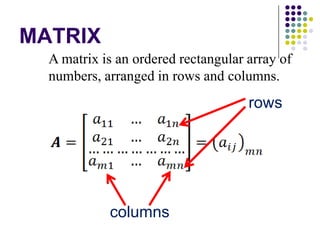 MATRIX
  A matrix is an ordered rectangular array of
  numbers, arranged in rows and columns.
                                     rows




            columns
 