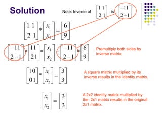 11            11
Solution                 Note: Inverse of
                                               21
                                                      is
                                                            2 1

      11           x1    6
               *
      21           x2    9
 11       11        x1       11       6      Premultiply both sides by
      *        *                  *          inverse matrix
2 1       21        x2   2 1          9

          10       x1    3            A square matrix multiplied by its
               *                      inverse results in the identity matrix.
          01       x2    3

                   x1    3            A 2x2 identity matrix multiplied by
                                      the 2x1 matrix results in the original
                   x2    3            2x1 matrix.
 