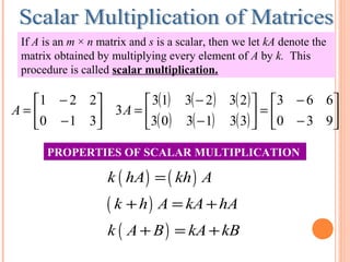 If A is an m × n matrix and s is a scalar, then we let kA denote the
matrix obtained by multiplying every element of A by k. This
procedure is called scalar multiplication.
( ) ( )
( )
( )
k hA kh A
k h A kA hA
k A B kA kB
=
+ = +
+ = +






−
−
=
310
221
A
( ) ( ) ( )
( ) ( ) ( ) 





−
−
=





−
−
=
930
663
331303
232313
3A
PROPERTIES OF SCALAR MULTIPLICATION
 
