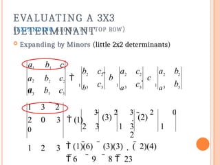 EVALUATING A 3X3
DETERMINANT
(EXPANDING ALONG THE TOP ROW)
 Expanding by Minors (little 2x2 determinants)
3
3
2
2
1
a
3
3
2
2
1
a
3
3
2
2
3
2
1
b b
a b
 c
c
a c
 b
c
b c
a b3 c3
a1 b1 c1
a b2 c2 
a
 (3)(3)  (  2)(4)
 8   23
 (1)(6)
 6  9
3
 (2)
2 0
3 1
2
3
 (3)
2
2 3 1
1 3  2
2 0 3  (1)
0
1 2 3
 