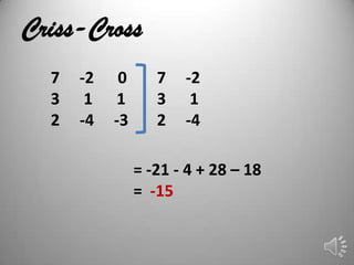 Criss-Cross
  7   -2    0      7   -2
  3    1   1       3    1
  2   -4   -3      2   -4

                = -21 - 4 + 28 – 18
                = -15
 