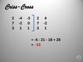 Criss-Cross
  2   -4   -3      2    4
  7   -2    0      7   -2
  3    1   1       3    1

                = -4 - 21 - 18 + 28
                = -15
 