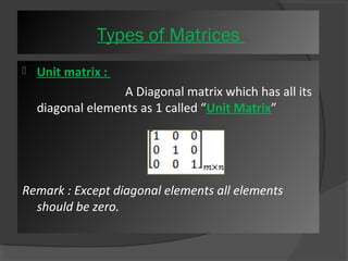 Ty Tpyepse so fo fM Maattrriicceess 
 Unit matrix : 
A Diagonal matrix which has all its 
diagonal elements as 1 called “Unit Matrix” 
Remark : Except diagonal elements all elements 
should be zero. 
 