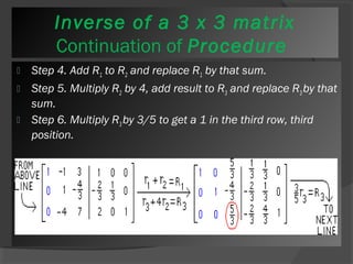 Inverse of a 3 x 3 matrix 
Continuation of Procedure 
 Step 4. Add R1 to R2 and replace R1 by that sum. 
 Step 5. Multiply R2 by 4, add result to R3 and replace R3 by that 
sum. 
 Step 6. Multiply R3 by 3/5 to get a 1 in the third row, third 
position. 
 