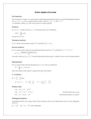 Matrix Algebra Formulae
 