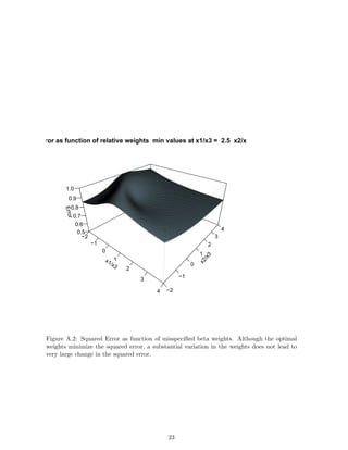x1/x3
−2
−1
0
1
2
3
4
x
2
/
x
3
−2
−1
0
1
2
3
4
E
r
r
o
r
0.5
0.6
0.7
0.8
0.9
1.0
Error as function of relative weights min values at x1/x3 = 2.5 x2/x3 = 1.5
Figure A.2: Squared Error as function of misspecified beta weights. Although the optimal
weights minimize the squared error, a substantial variation in the weights does not lead to
very large change in the squared error.
23
 