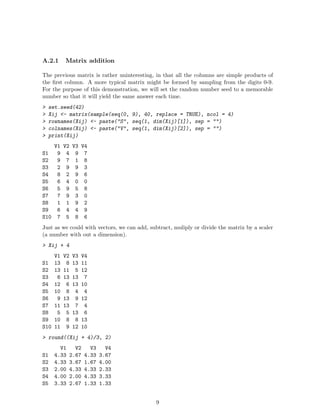 A.2.1 Matrix addition
The previous matrix is rather uninteresting, in that all the columns are simple products of
the first column. A more typical matrix might be formed by sampling from the digits 0-9.
For the purpose of this demonstration, we will set the random number seed to a memorable
number so that it will yield the same answer each time.
> set.seed(42)
> Xij <- matrix(sample(seq(0, 9), 40, replace = TRUE), ncol = 4)
> rownames(Xij) <- paste("S", seq(1, dim(Xij)[1]), sep = "")
> colnames(Xij) <- paste("V", seq(1, dim(Xij)[2]), sep = "")
> print(Xij)
V1 V2 V3 V4
S1 9 4 9 7
S2 9 7 1 8
S3 2 9 9 3
S4 8 2 9 6
S5 6 4 0 0
S6 5 9 5 8
S7 7 9 3 0
S8 1 1 9 2
S9 6 4 4 9
S10 7 5 8 6
Just as we could with vectors, we can add, subtract, muliply or divide the matrix by a scaler
(a number with out a dimension).
> Xij + 4
V1 V2 V3 V4
S1 13 8 13 11
S2 13 11 5 12
S3 6 13 13 7
S4 12 6 13 10
S5 10 8 4 4
S6 9 13 9 12
S7 11 13 7 4
S8 5 5 13 6
S9 10 8 8 13
S10 11 9 12 10
> round((Xij + 4)/3, 2)
V1 V2 V3 V4
S1 4.33 2.67 4.33 3.67
S2 4.33 3.67 1.67 4.00
S3 2.00 4.33 4.33 2.33
S4 4.00 2.00 4.33 3.33
S5 3.33 2.67 1.33 1.33
9
 