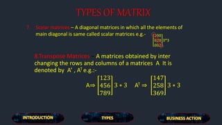 TYPES OF MATRIX
7. Scalar matrices – A diagonal matrices in which all the elements of
main diagonal is same called scalar matrices e.g.- 200
020
002
3*3
8.Transpose Matrices – A matrices obtained by inter
changing the rows and columns of a matrices A It is
denoted by A’ , AT e.g.:-
A⇒
123
456
789
3 ∗ 3 AT ⇒
147
258
369
3 ∗ 3
 