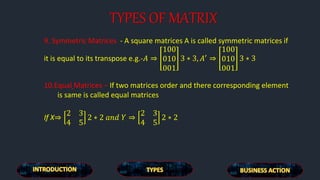 TYPES OF MATRIX
9. Symmetric Matrices - A square matrices A is called symmetric matrices if
it is equal to its transpose e.g.-𝐴 ⇒
100
010
001
3 ∗ 3, 𝐴′
⇒
100
010
001
3 ∗ 3
10.Equal Matrices – If two matrices order and there corresponding element
is same is called equal matrices
If X⇒
2 3
4 5
2 ∗ 2 𝑎𝑛𝑑 𝑌 ⇒
2 3
4 5
2 ∗ 2
 