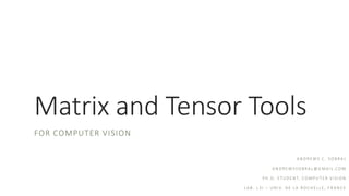 Matrix and Tensor Tools 
FOR COMPUTER VISION 
ANDREWS C. SOBRAL 
ANDREWSSOBRAL@GMAIL.COM 
PH.D. STUDENT, COMPUTER VISION 
LAB. L3I –UNIV. DE LA ROCHELLE, FRANCE  