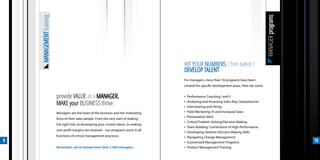 MANAGER programs
    MANAGEMENT training

                                                                                         HIT YOUR NUMBERS / hire talent /
                                                                                         DEVELOP TALENT
                                                                                         For managers, more than 16 programs have been
                                                                                         created for specific development areas. Here are some:


                          provide VALUE as a MANAGER.                                    ▪   Performance Coaching I and II

                          MAKE your BUSINESS thrive.                                     ▪
                                                                                         ▪
                                                                                             Analyzing and Assessing Sales Rep Competencies
                                                                                             Interviewing and Hiring
                          Managers are the heart of the business and the motivating      ▪   Field Mentoring: EI and Increased Sales
                                                                                         ▪   Presentation Skills
                          force of their sales people. From the very start of making
                                                                                         ▪   Critical Problem Solving/Decision Making
                          the right hire, to developing your current talent, to making
                                                                                         ▪   Team Building: Cornerstone of High Performance
                          sure profit margins are retained…our programs assist in all
                                                                                         ▪   Developing Intuitive Decision Making Skills
                          functions of critical management practices.                    ▪   Navigating Change Management
9                                                                                        ▪   Customized Management Programs                                          10
                          Remember, we’ve trained more than 1,400 managers.              ▪   Product Management Training
 