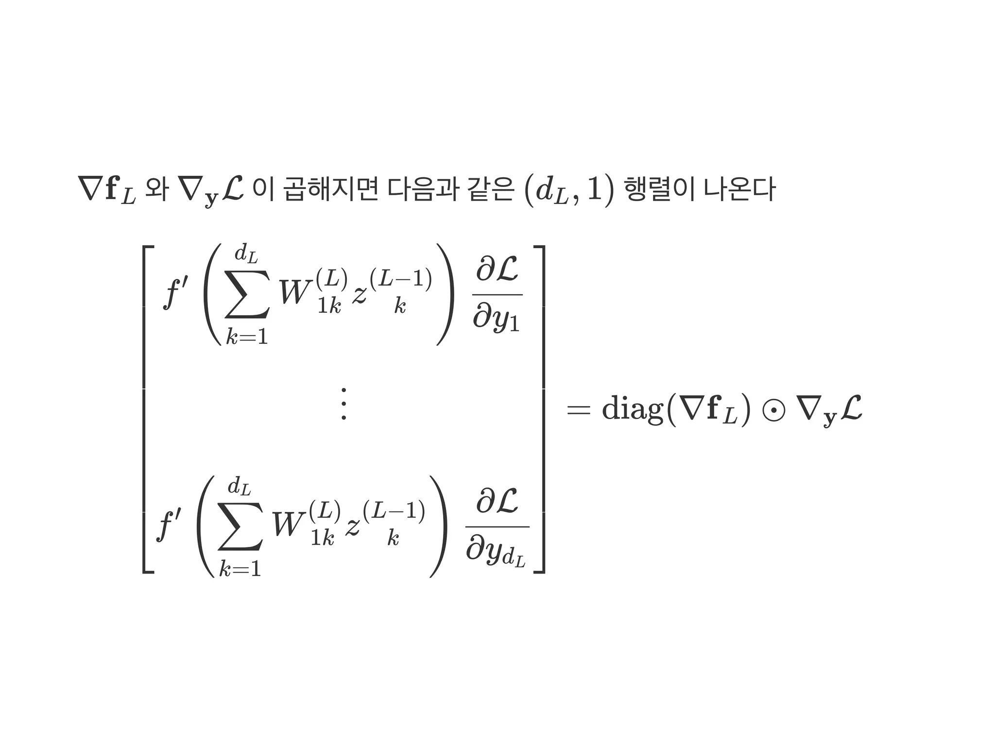 ∇f 와∇ L 이곱해지면다음과 같은(d , 1) 행렬이나온다
= diag(∇f ) ⊙ ∇ L
L y L
⎣
⎢
⎢
⎢
⎢
⎢
⎢
⎢
⎢
⎢
⎢
⎡
f W z′
(
k=1
∑
dL
1k
(L)
k
(L−1)
)
∂y1
∂L
⋮
f W z′
(
k=1
∑
dL
1k
(L)
k
(L−1)
)
∂ydL
∂L
⎦
⎥
⎥
⎥
⎥
⎥
⎥
⎥
⎥
⎥
⎥
⎤
L y
 