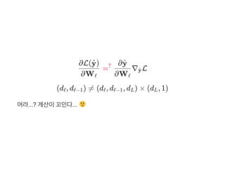 = ∇ L
(d , d ) ≠ (d , d , d ) × (d , 1)
어라...? 계산이꼬인다...
∂Wℓ
∂L( )y^ ?
∂Wℓ
∂y^
y^
ℓ ℓ−1 ℓ ℓ−1 L L
 