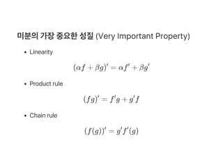 미분의가장중요한성질(Very Important Property)
Linearity
(αf + βg) = αf + βg
Product rule
(fg) = f g + g f
Chain rule
(f(g)) = g f (g)
′ ′ ′
′ ′ ′
′ ′ ′
 