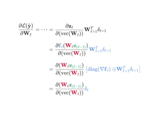 = ⋯
∂Wℓ
∂L( )y^
= W δ
∂(vec(W ))ℓ
∂zℓ
ℓ+1
T
ℓ+1
= W δ
∂(vec(W ))ℓ
∂f (W z )ℓ ℓ (ℓ−1)
ℓ+1
T
ℓ+1
= diag(∇f ) ⊙W δ
∂(vec(W ))ℓ
∂(W z )ℓ (ℓ−1)
[ ℓ ℓ+1
T
ℓ+1]
= δ
∂(vec(W ))ℓ
∂(W z )ℓ (ℓ−1)
ℓ
 