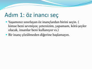 Adım 1: öz inancı seç
 Yaşamınız sınırlayan öz inançlardan birini seçin. (
kimse beni sevmiyor, yetersizim, yapamam, kötü şeyler
olacak, insanlar beni kullanıyor vs.)
 Bir inanç çözülmeden diğerine başlamayın.
 