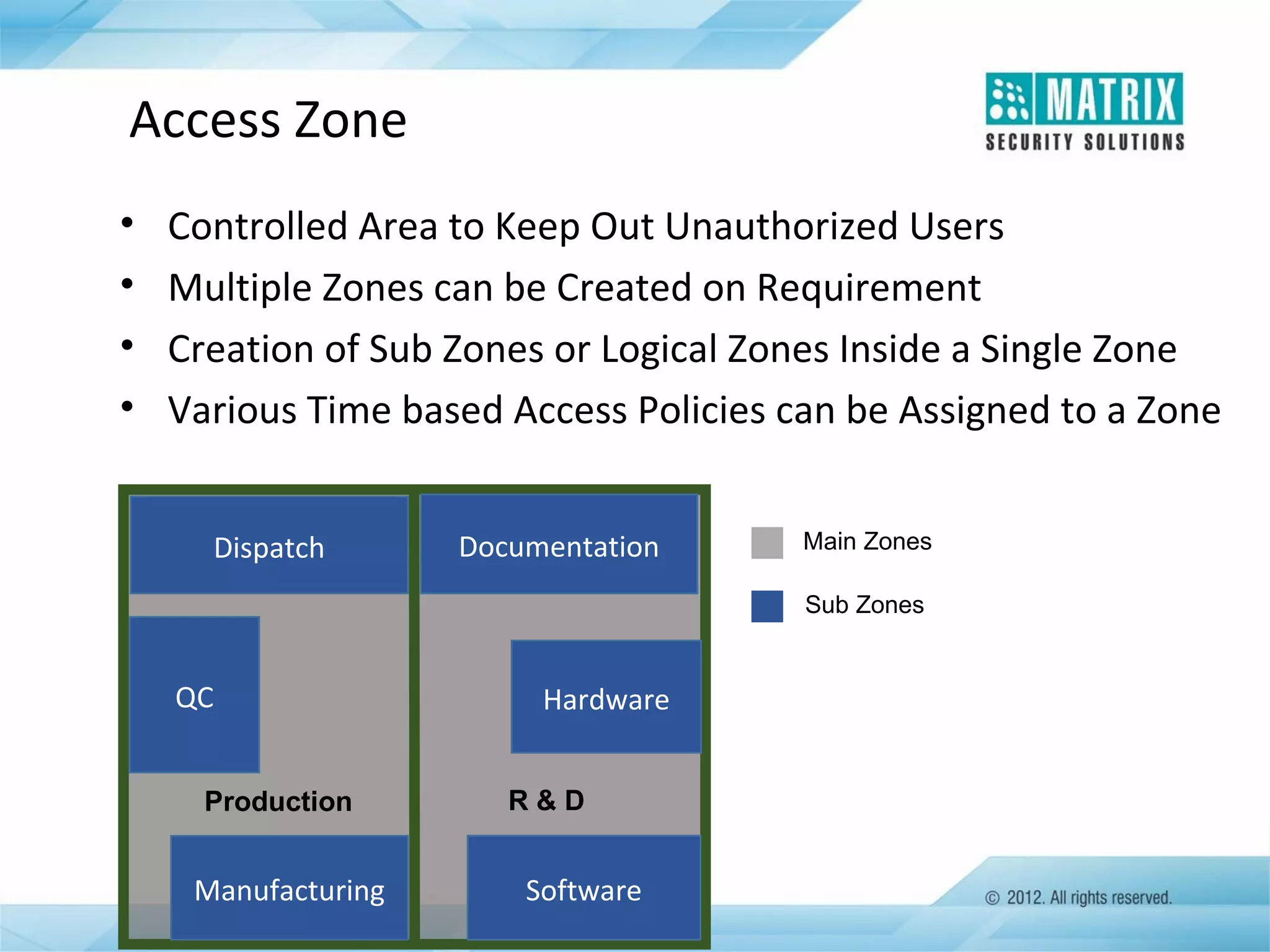 Access Zone
•
•
•
•

Controlled Area to Keep Out Unauthorized Users
Multiple Zones can be Created on Requirement
Creation of Sub Zones or Logical Zones Inside a Single Zone
Various Time based Access Policies can be Assigned to a Zone
Dispatch

Documentation

Main Zones
Sub Zones

QC
Production

`

Manufacturing

Hardware
R&D

Software

 