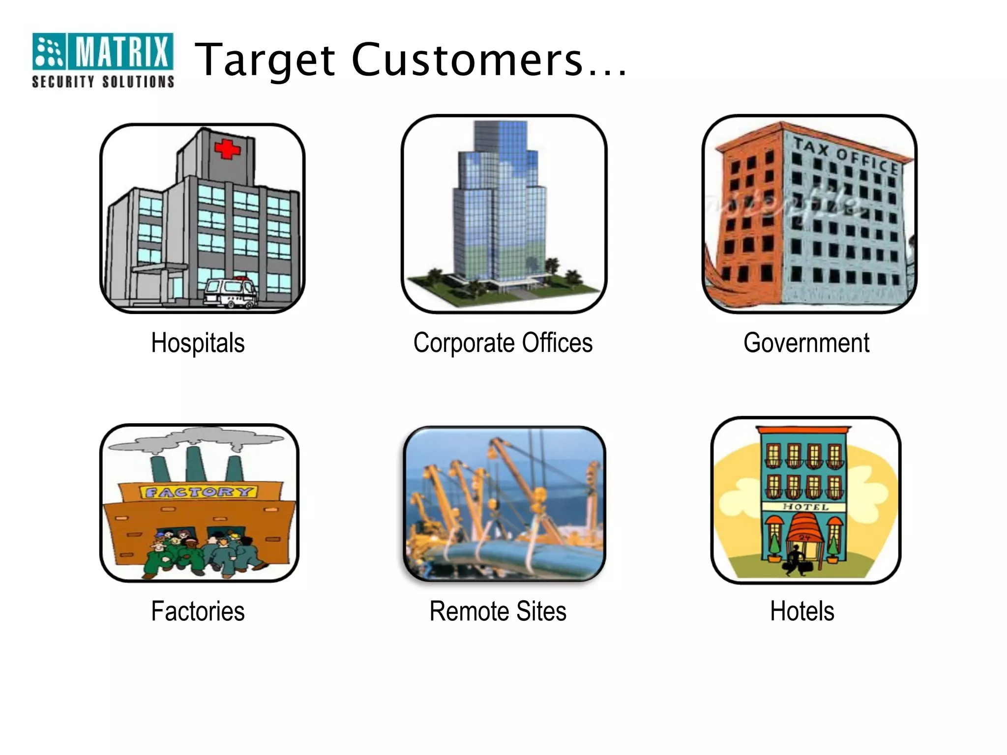 Target Customers…




Hospitals   Corporate Offices   Government




Factories    Remote Sites         Hotels
 