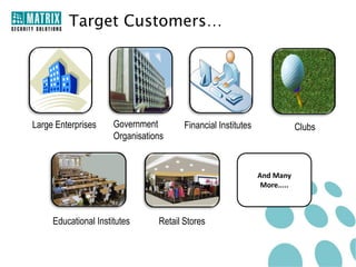 Target Customers…




Large Enterprises     Government        Financial Institutes                Clubs
                      Organisations


                                                               And Many
                                                                More.....



     Educational Institutes      Retail Stores
 