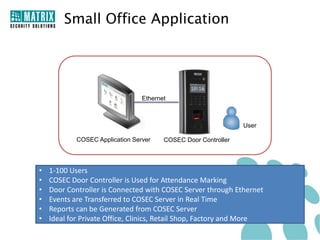 Small Office Application




                                 Ethernet



                                                                User

            COSEC Application Server    COSEC Door Controller



•   1-100 Users
•   COSEC Door Controller is Used for Attendance Marking
•   Door Controller is Connected with COSEC Server through Ethernet
•   Events are Transferred to COSEC Server in Real Time
•   Reports can be Generated from COSEC Server
•   Ideal for Private Office, Clinics, Retail Shop, Factory and More
 