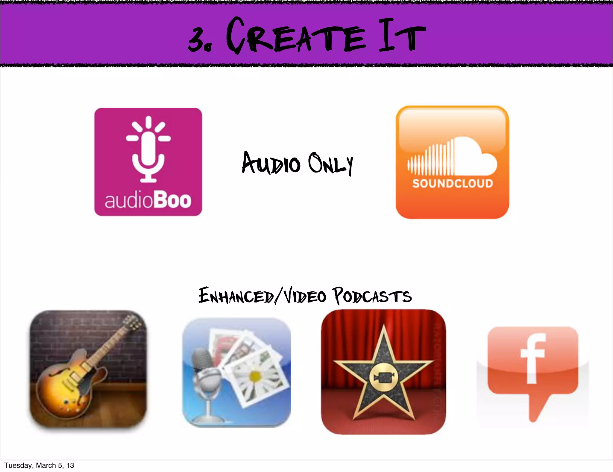 3. Create It

                           Audio Only



                       Enhanced/Video Podcasts




Tuesday, March 5, 13
 
