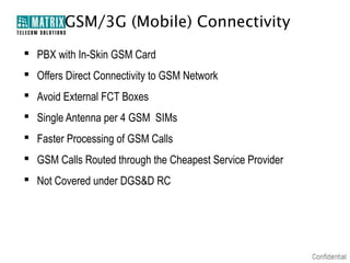 GSM/3G (Mobile) Connectivity
 PBX with In-Skin GSM Card
 Offers Direct Connectivity to GSM Network
 Avoid External FCT Boxes
 Single Antenna per 4 GSM SIMs
 Faster Processing of GSM Calls
 GSM Calls Routed through the Cheapest Service Provider
 Not Covered under DGS&D RC
 
