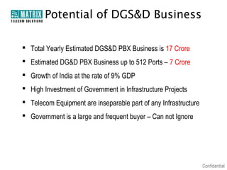 Potential of DGS&D Business

 Total Yearly Estimated DGS&D PBX Business is 17 Crore
 Estimated DG&D PBX Business up to 512 Ports – 7 Crore
 Growth of India at the rate of 9% GDP
 High Investment of Government in Infrastructure Projects
 Telecom Equipment are inseparable part of any Infrastructure
 Government is a large and frequent buyer – Can not Ignore
 