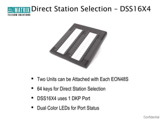 Direct Station Selection – DSS16X4




 Two Units can be Attached with Each EON48S
 64 keys for Direct Station Selection
 DSS16X4 uses 1 DKP Port
 Dual Color LEDs for Port Status
 